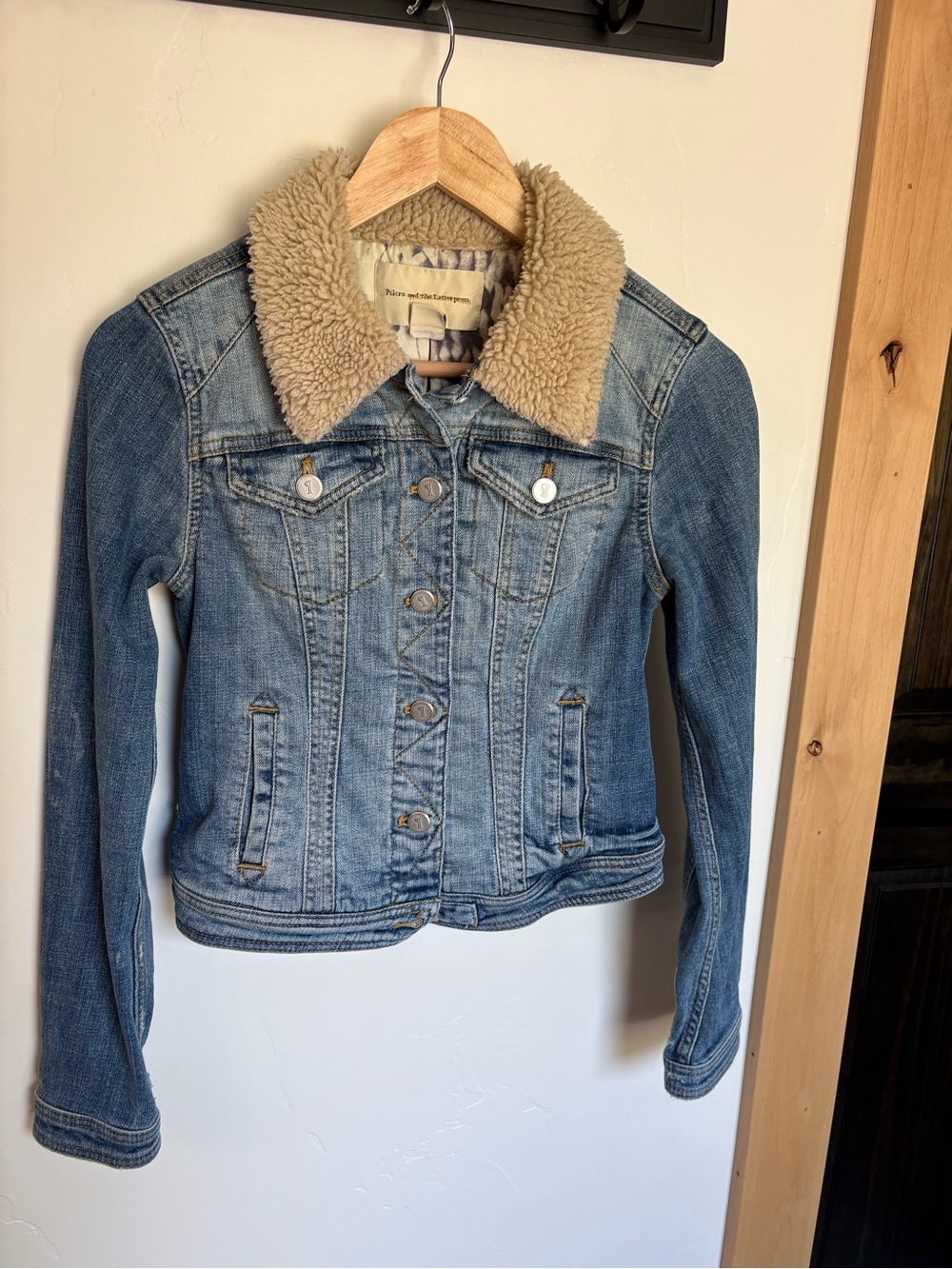 Anthropologie Pilcro Sherpa Trim Denim Jacket Size S Distressed
